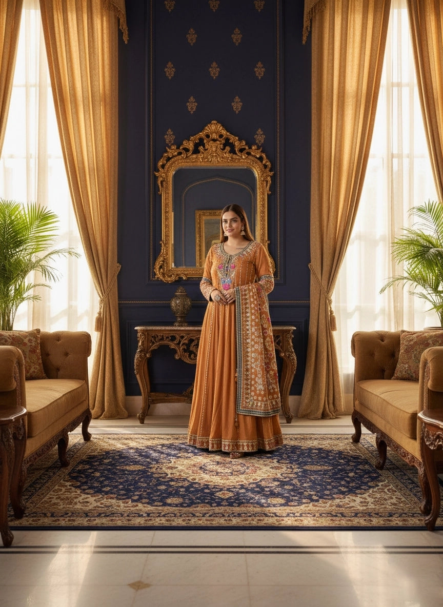 Rust Chinon Anarkali with Phulkari Dupatta | Gota & Mirror Work Embroidery