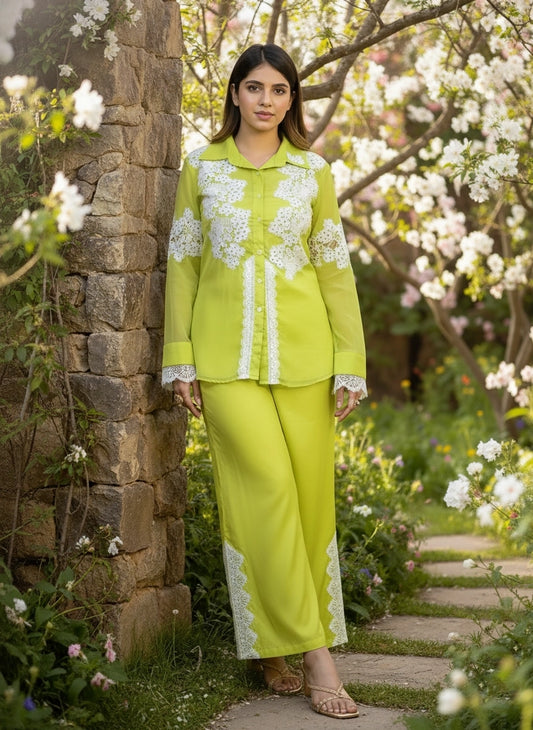 Neon Green Organza Shirt with Pant | Lace Work