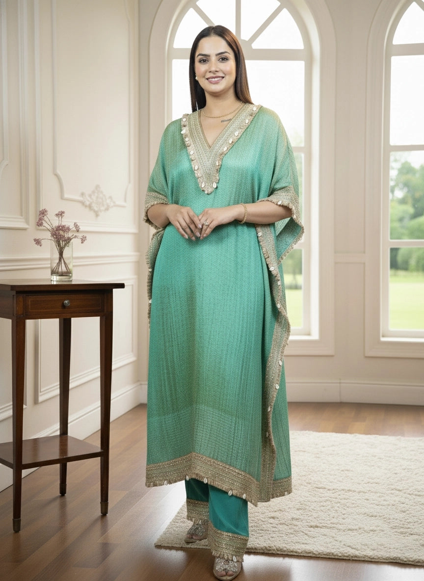 Woman in a teal traditional outfit standing in a well-lit room with large windows.