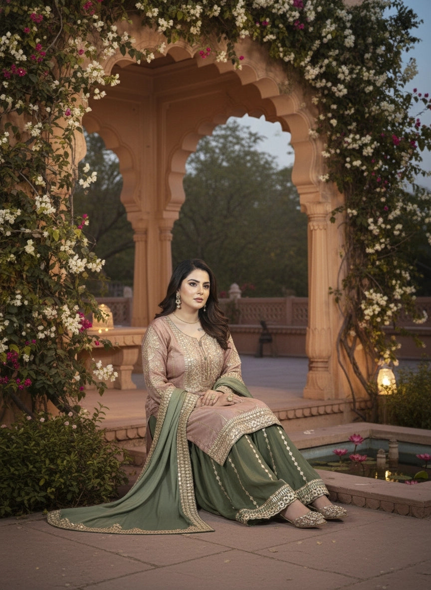 Woman in traditional attire sitting under a floral archway