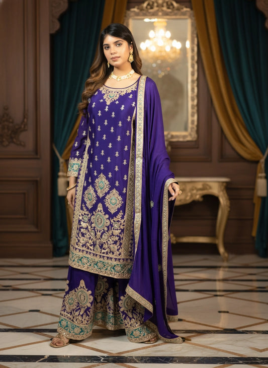 Woman in a traditional embroidered outfit with a purple shawl in an elegant room.