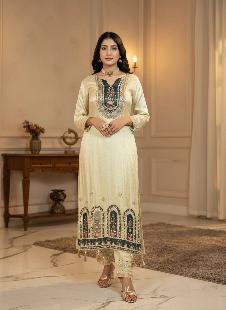 Woman in a traditional embroidered outfit standing in an elegant room.