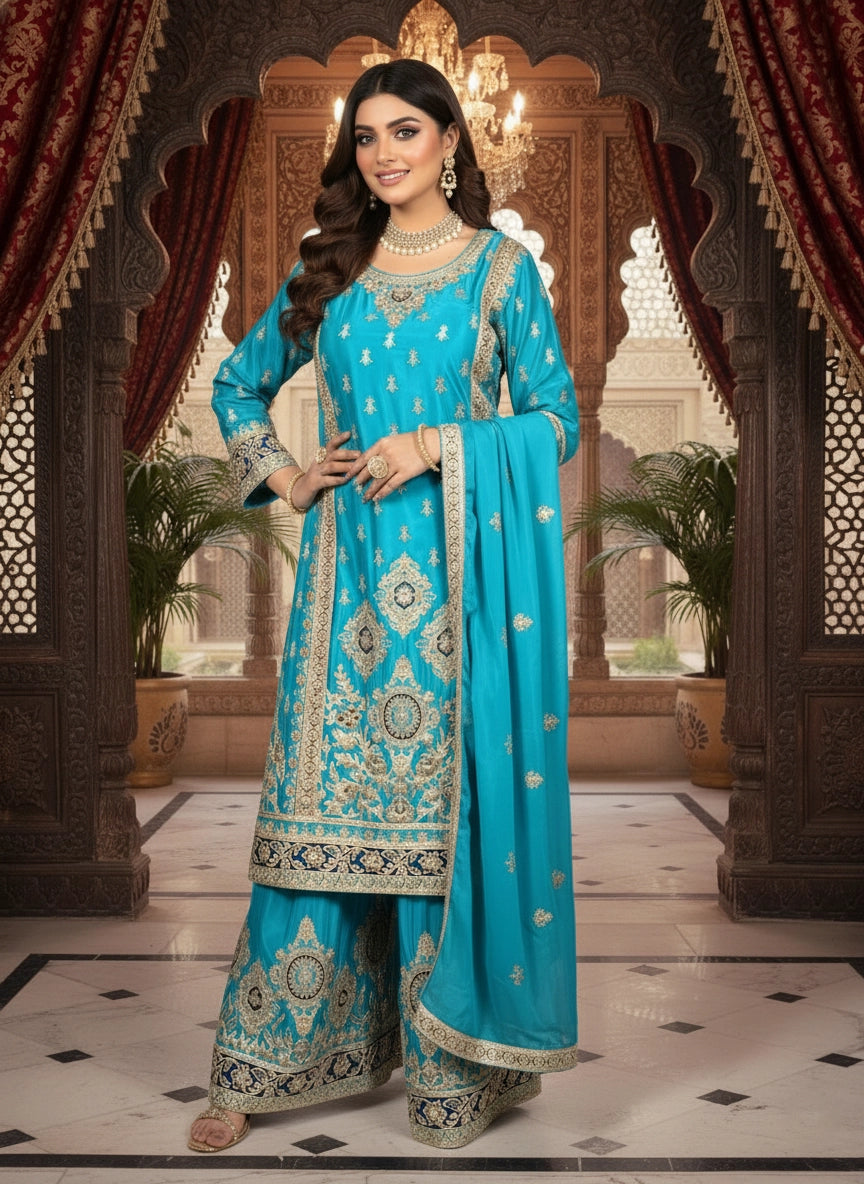 Woman in a traditional turquoise embroidered outfit standing in an ornate indoor setting.