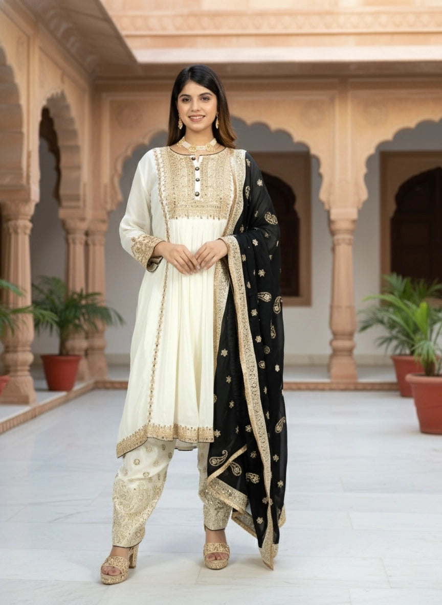 Woman in traditional outfit standing in a decorative indoor setting with arches and plants.