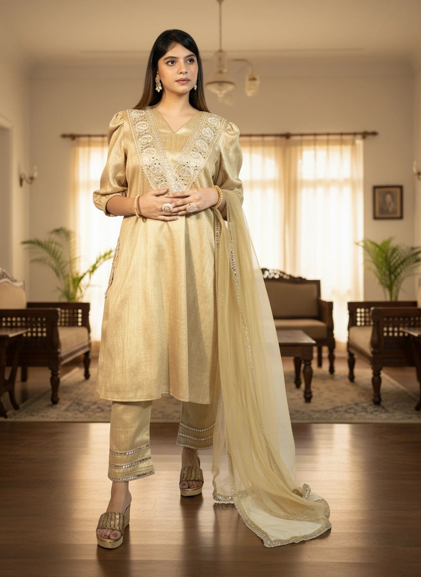 Woman in a traditional outfit standing in a well-lit room with large windows.