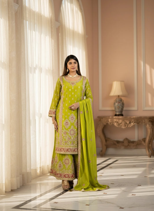 Woman in a green traditional outfit standing in a well-lit room with decorative elements.