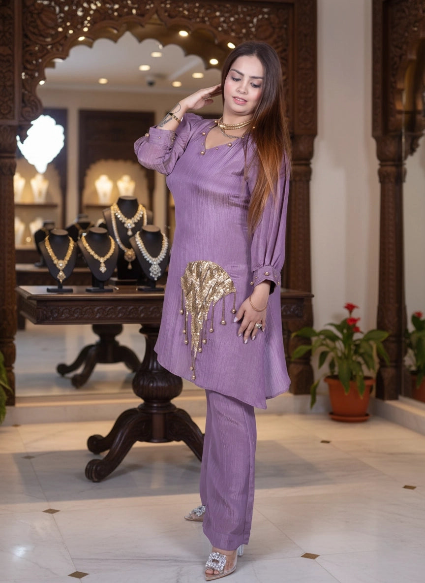 Purple Shimaar Crush Cord Set with Sequin & Cut Dana Work