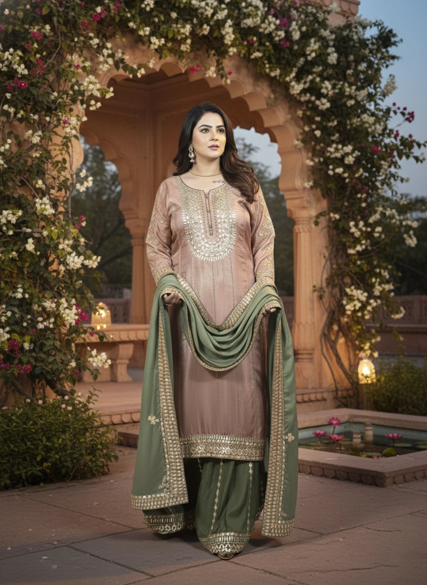 Woman in traditional outfit standing in a decorative garden setting