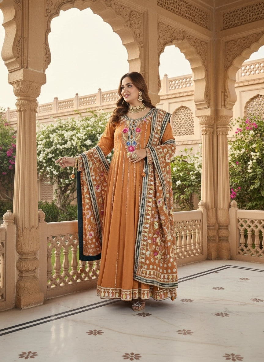 Rust Chinon Anarkali with Phulkari Dupatta | Gota & Mirror Work Embroidery