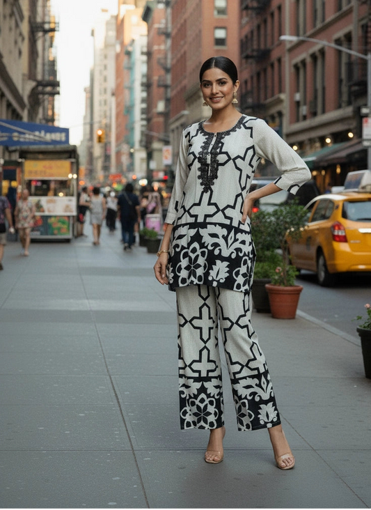 Woman in a black and white outfit standing on a city street with tall buildings and a yellow taxi in the background.