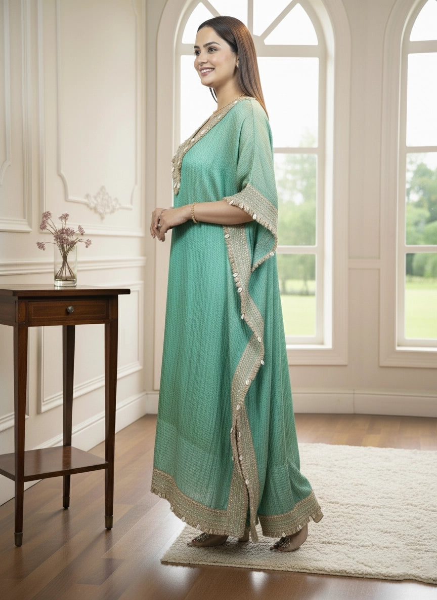 Woman in a light green saree standing in a room with large windows.