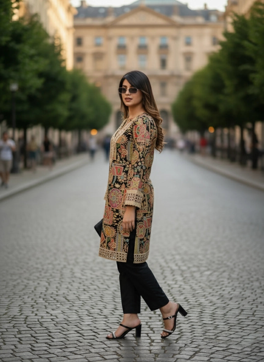Woman in a patterned coat walking on a city street with classical architecture in the background