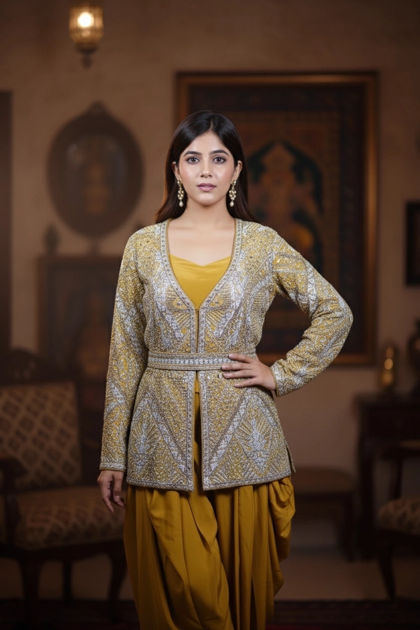 Woman wearing a traditional outfit with a patterned top and yellow pants in an indoor setting.