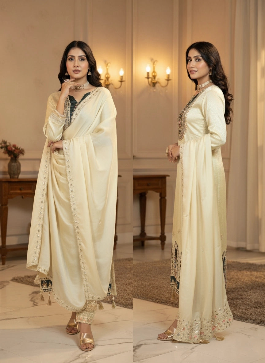 Woman in a cream suit with intricate designs in a elegant indoor setting.