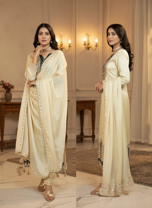 Woman in a cream suit with intricate designs in a elegant indoor setting.