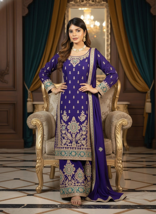Woman in a traditional purple embroidered outfit sitting on an ornate chair.