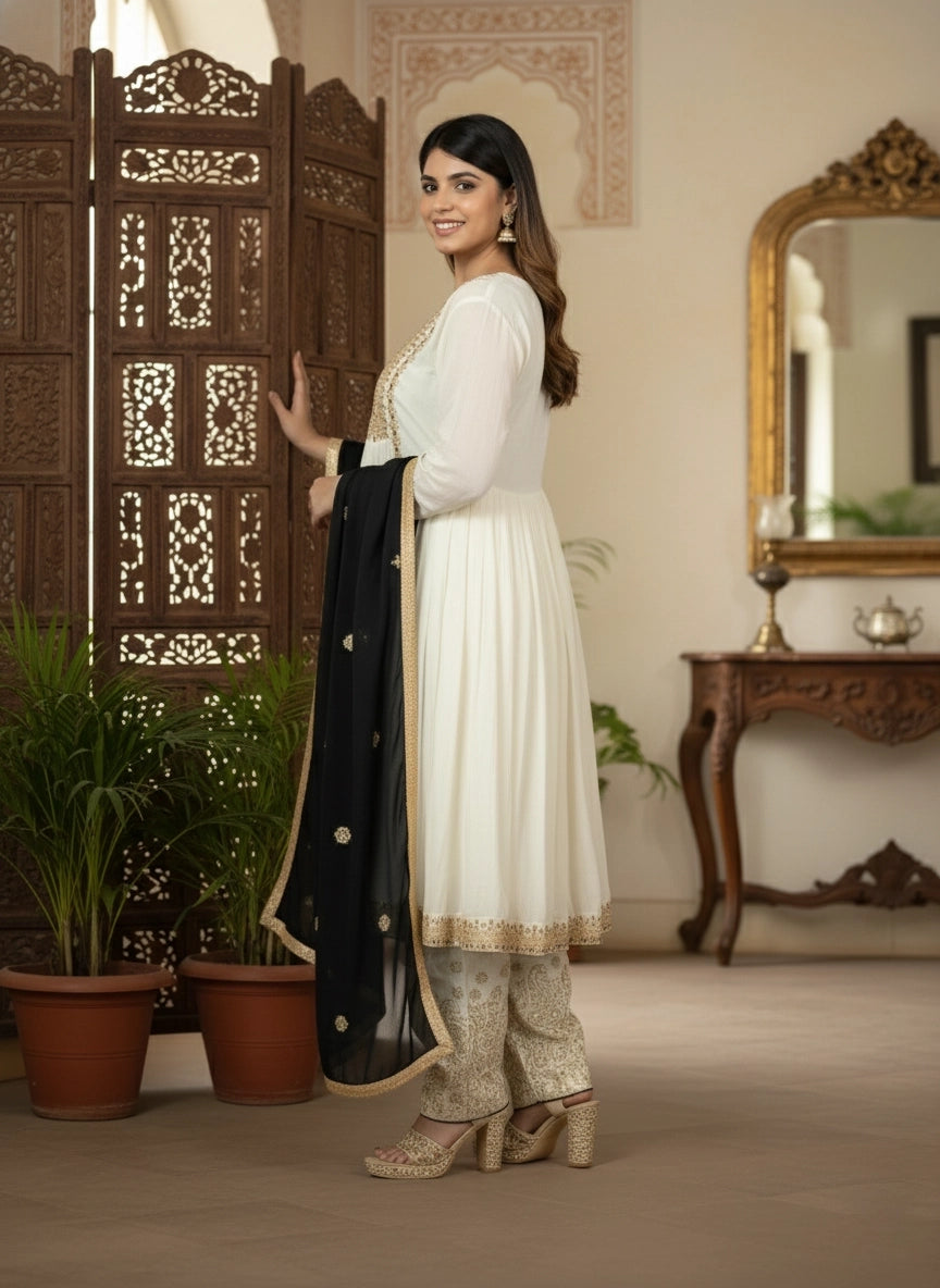 Woman in a white traditional outfit with a black dupatta in an ornate room.