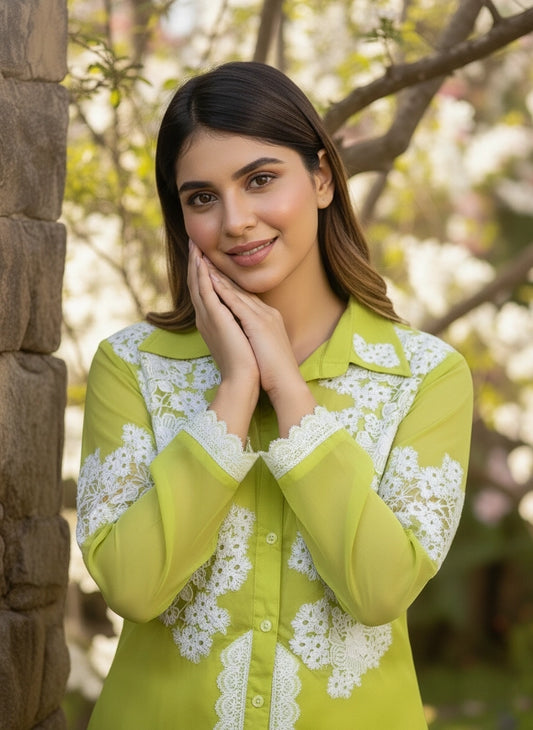 Neon Green Organza Shirt with Pant | Lace Work