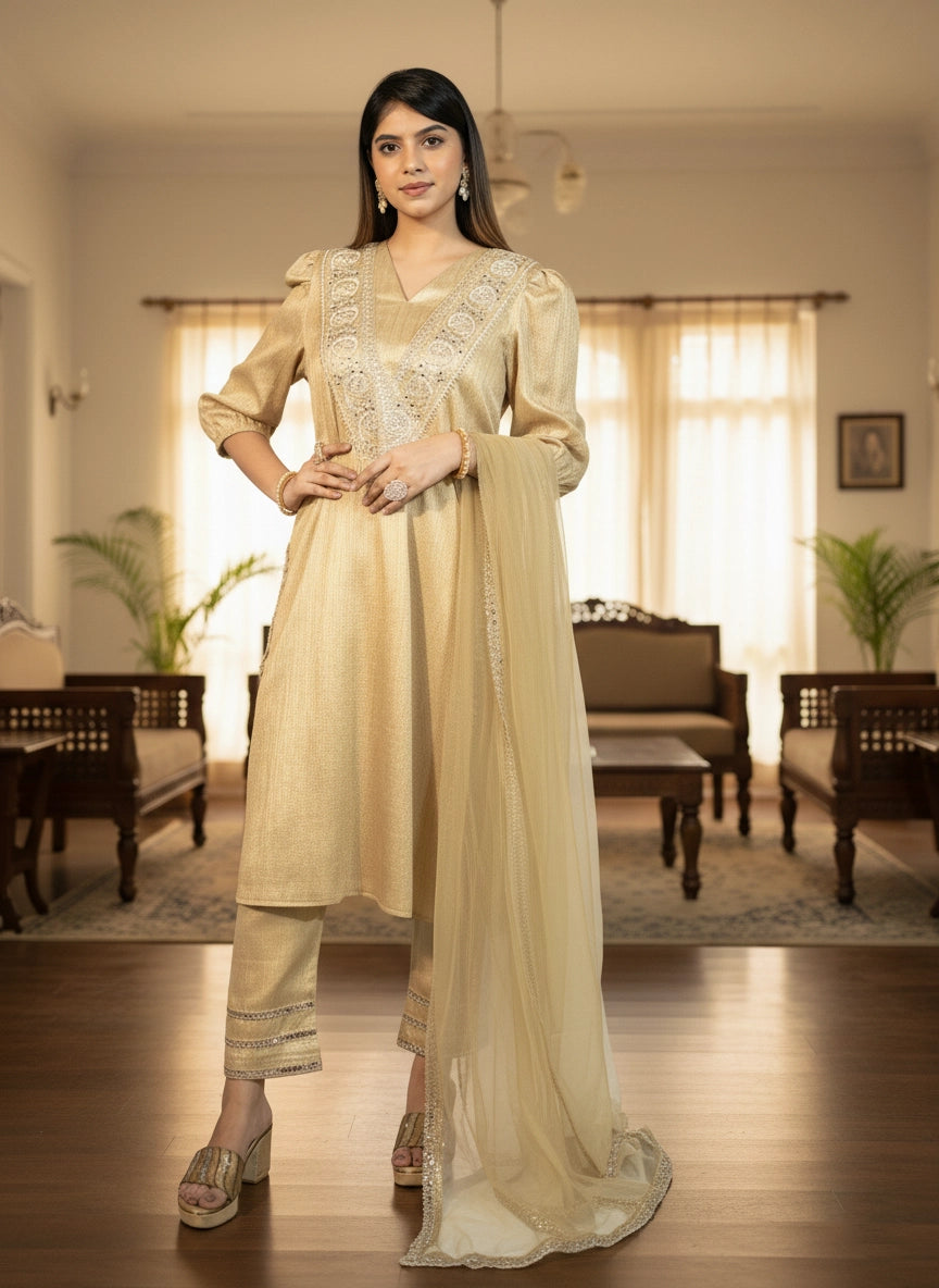 Woman in a beige traditional outfit standing in a well-lit living room.