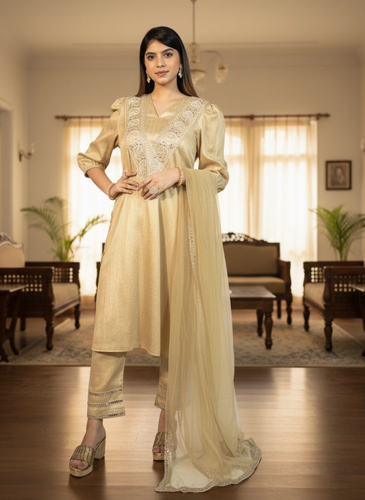 Woman in a beige traditional outfit standing in a well-lit living room.