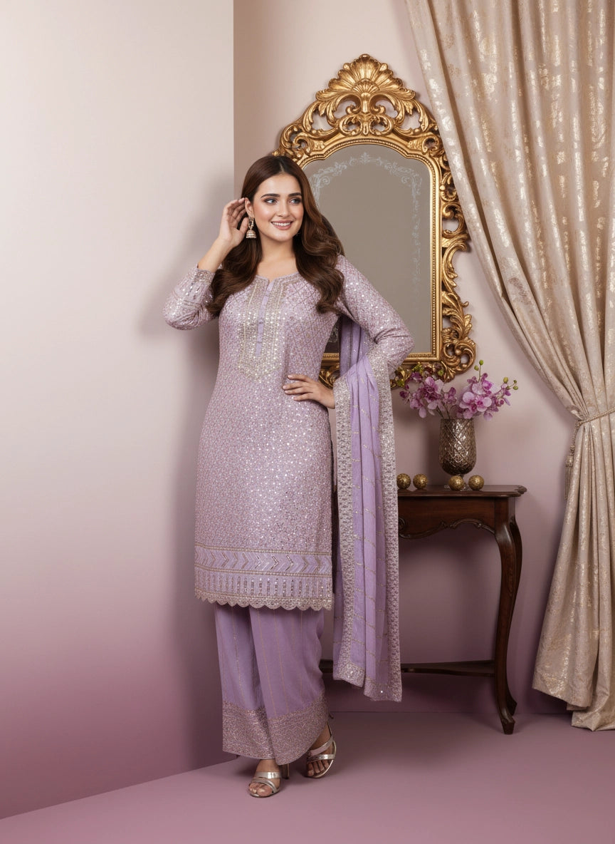 Woman in a lavender traditional outfit standing in front of a decorative mirror.