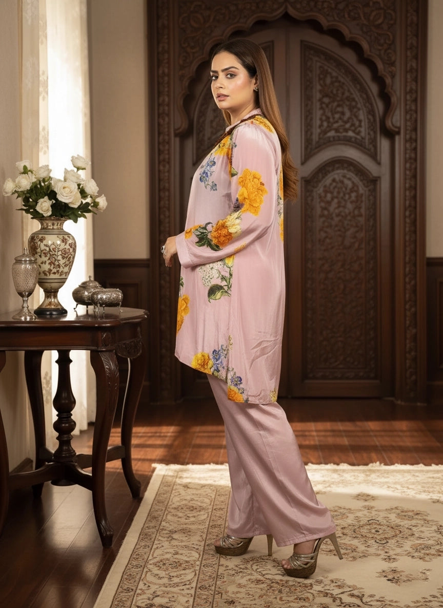 Woman in a floral outfit standing in an ornate room with decorative elements.