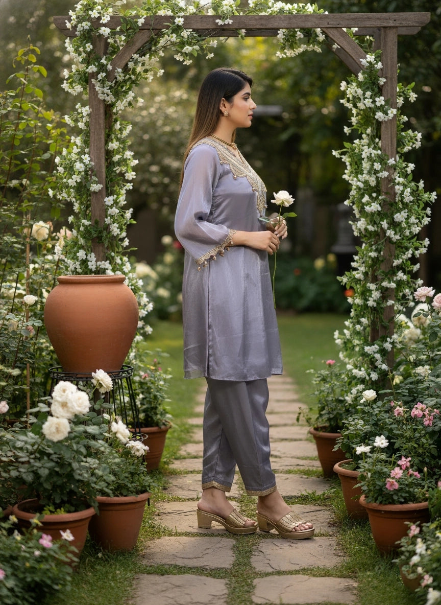 Woman in a gray outfit standing under a floral archway in a garden.