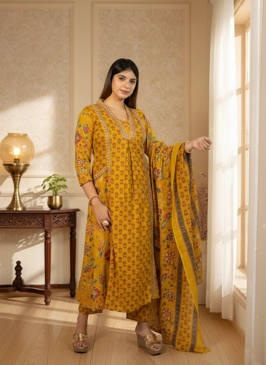 Woman in a yellow traditional outfit standing in a well-lit room.
