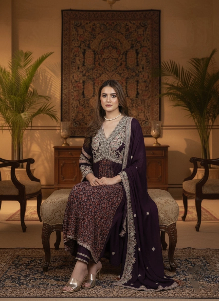 Woman in traditional attire sitting on a decorative chair in an elegant room.