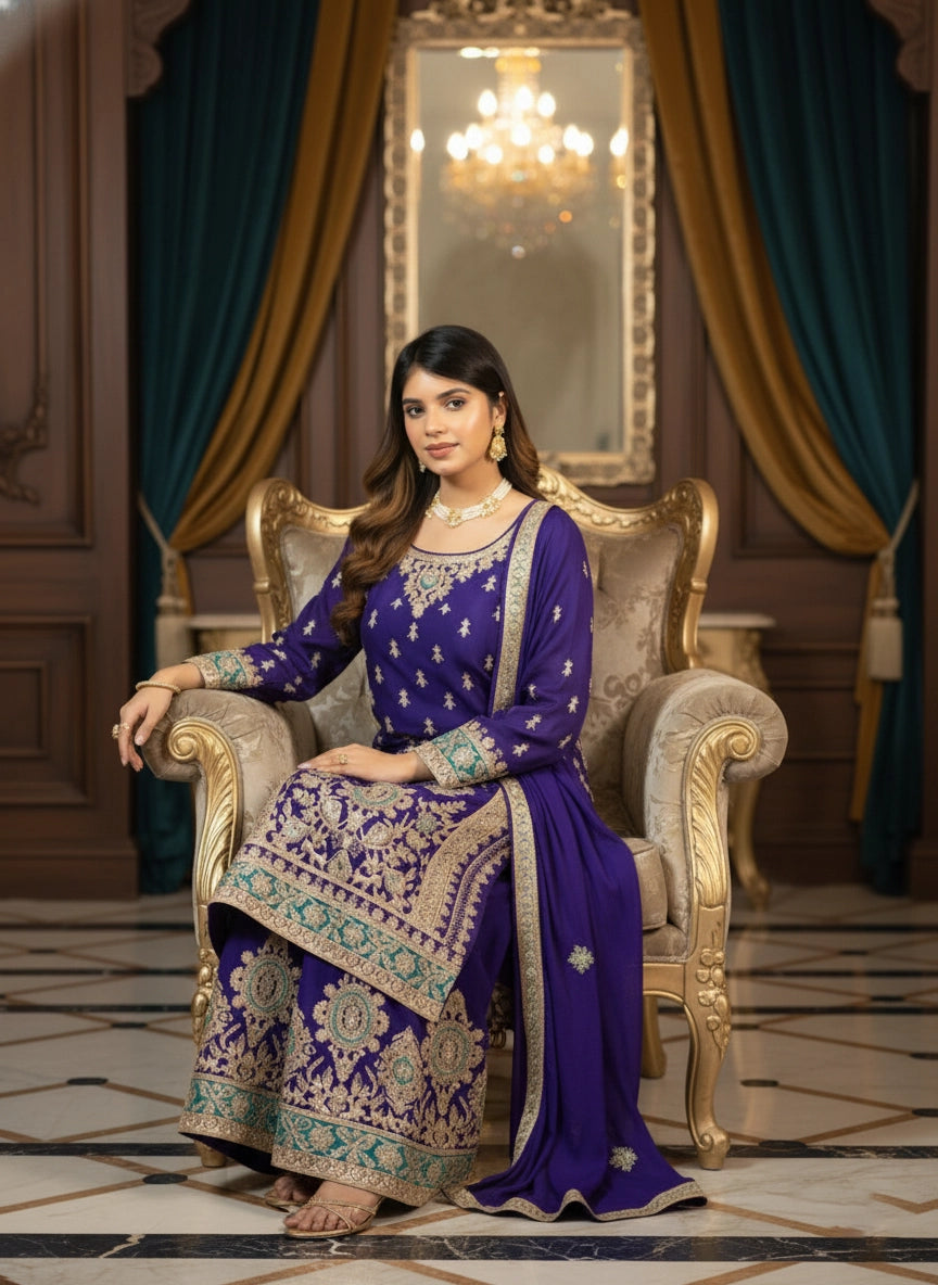 Woman in a traditional purple outfit sitting on an ornate chair in a luxurious room.