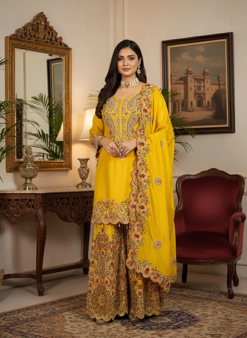 Woman in a yellow and gold traditional outfit standing in an elegant room with a mirror and chair.