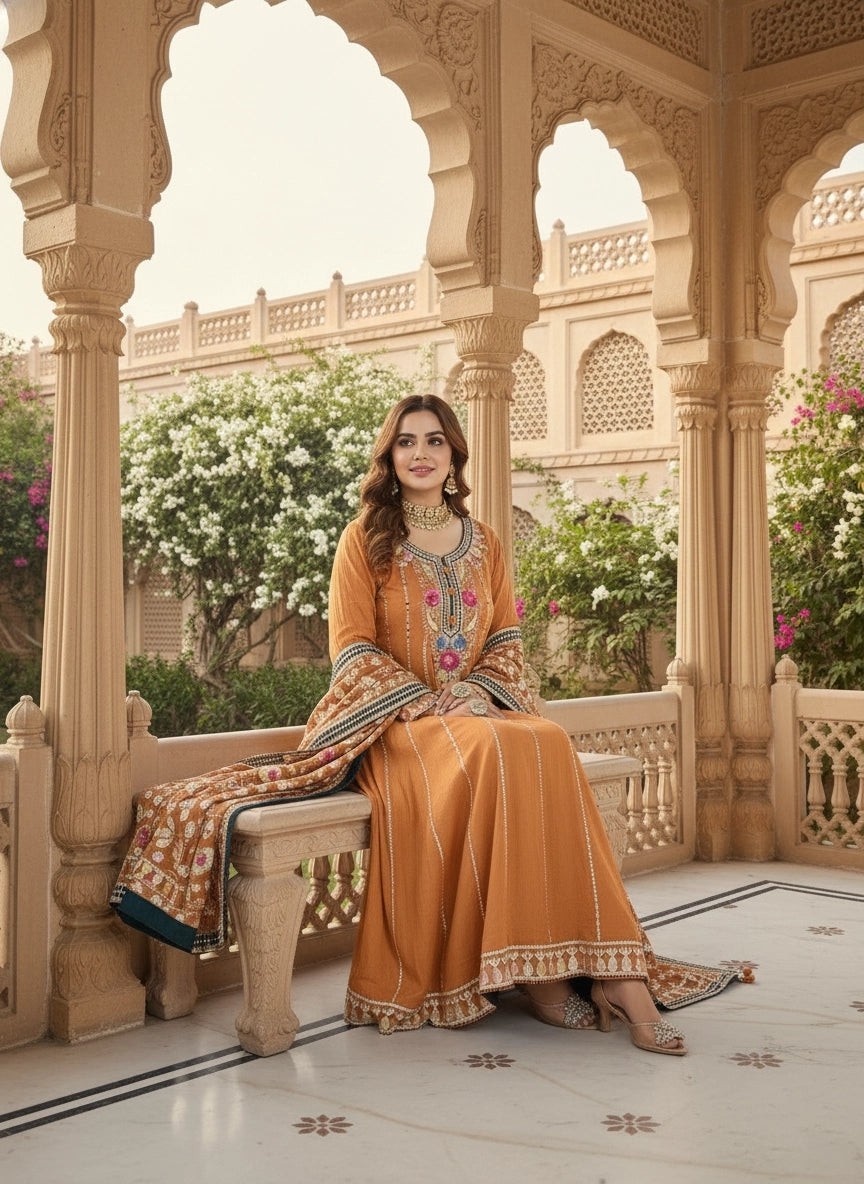 Rust Chinon Anarkali with Phulkari Dupatta | Gota & Mirror Work Embroidery