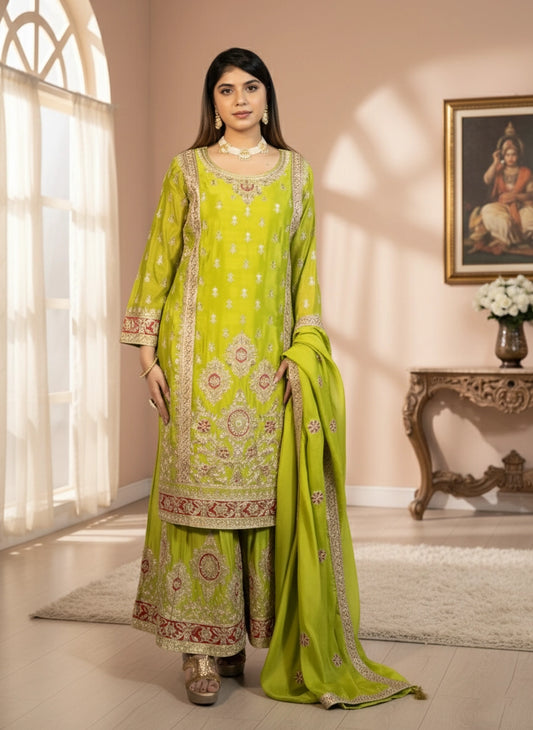Woman wearing a green traditional outfit with intricate patterns in a well-lit room.