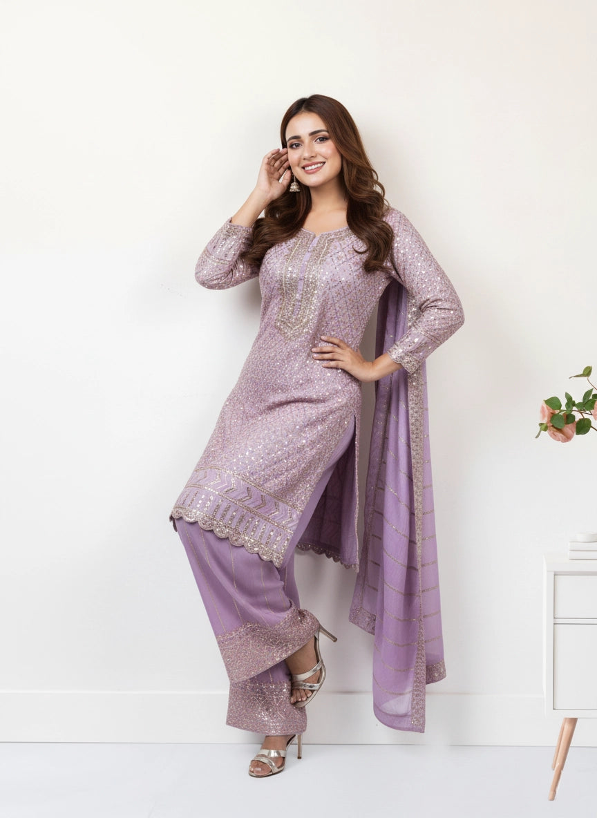 Woman wearing a lavender traditional outfit with a white background