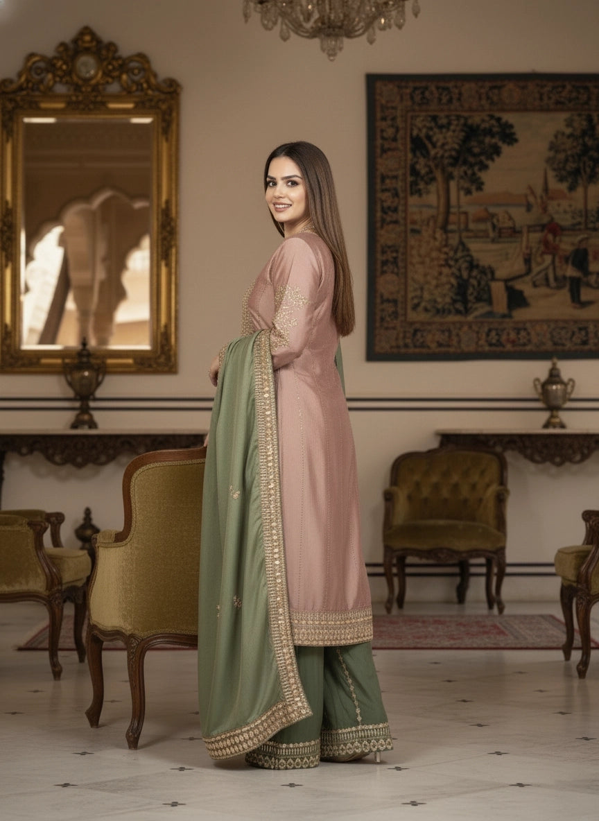 Woman in a traditional outfit standing in an elegant room with ornate decor.