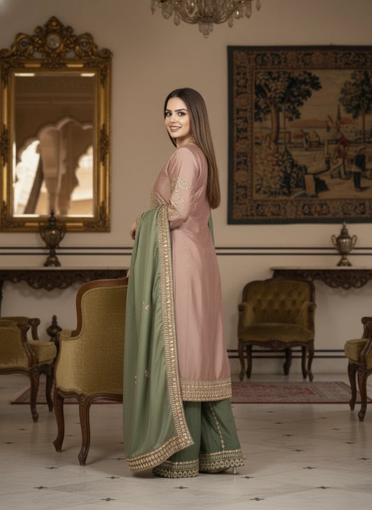 Woman in a traditional outfit standing in an elegant room with ornate decor.