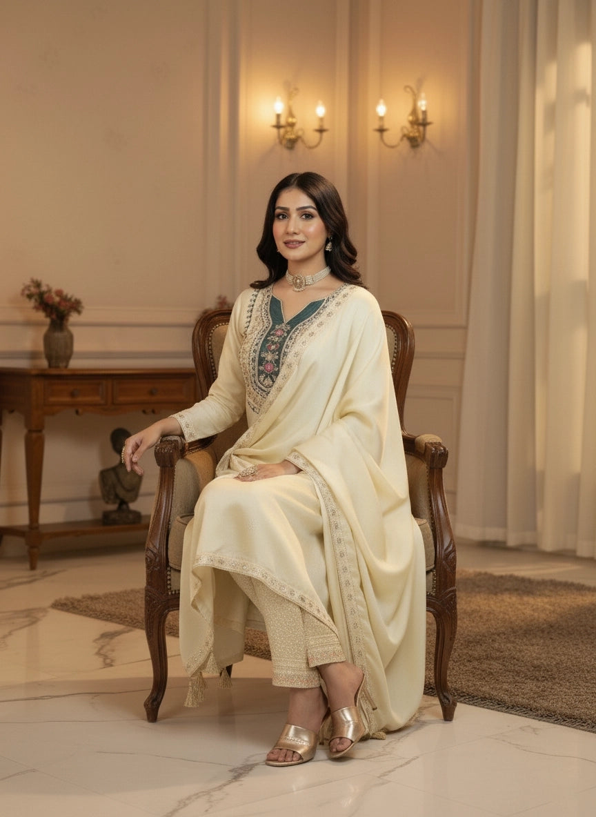 Woman in a cream traditional outfit sitting on a wooden chair in an elegant room.