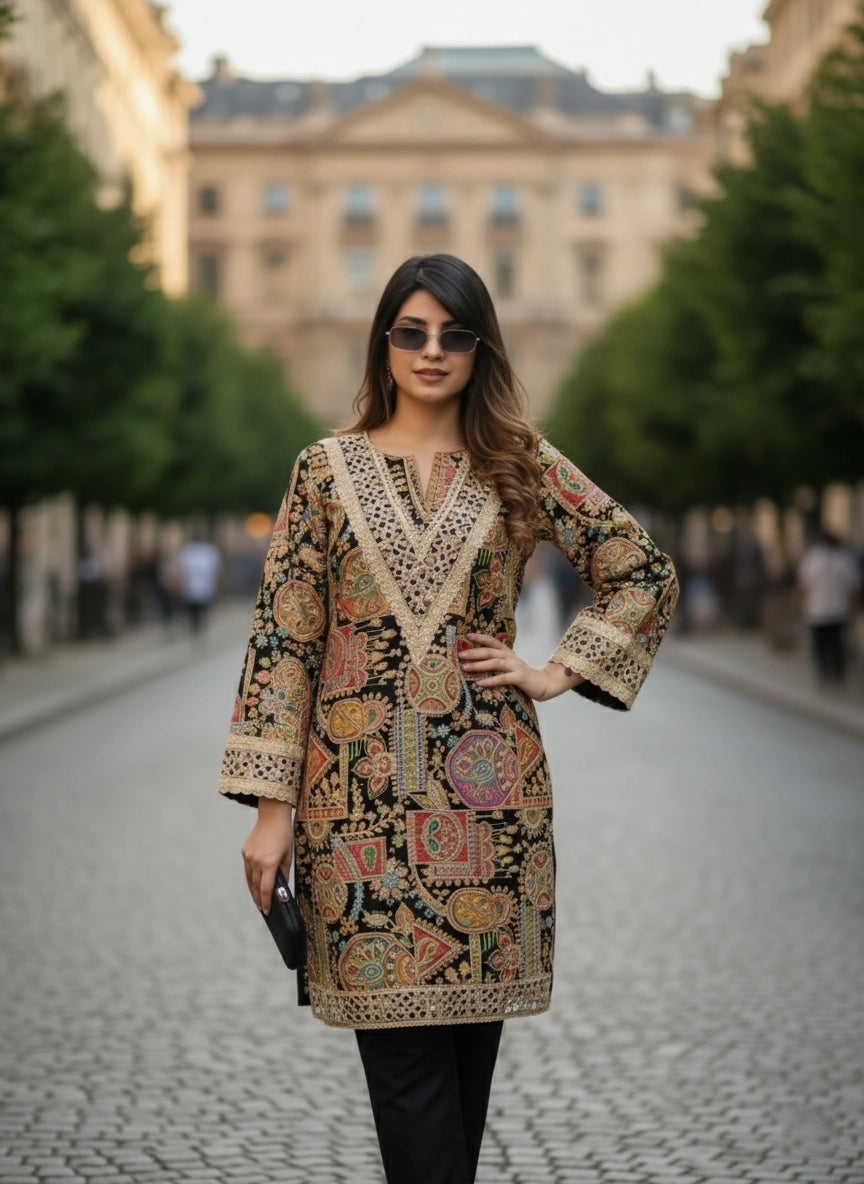 Woman wearing a patterned dress on a city street