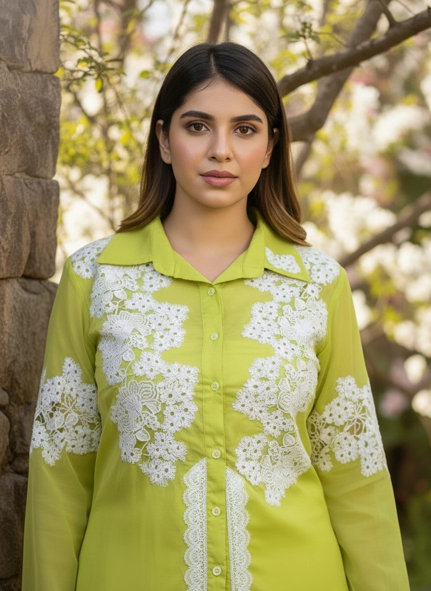 Neon Green Organza Shirt with Pant | Lace Work