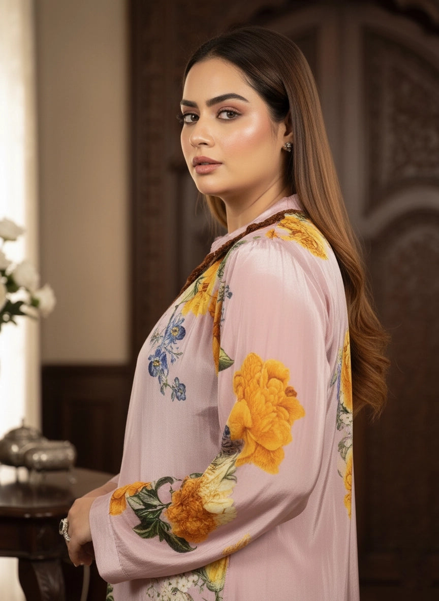 Woman wearing a floral blouse with a blurred background