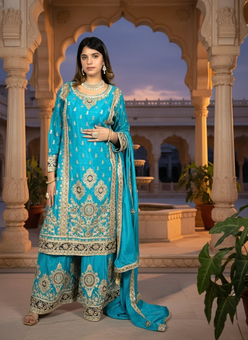 Woman in a blue embroidered traditional outfit standing in an architectural setting.