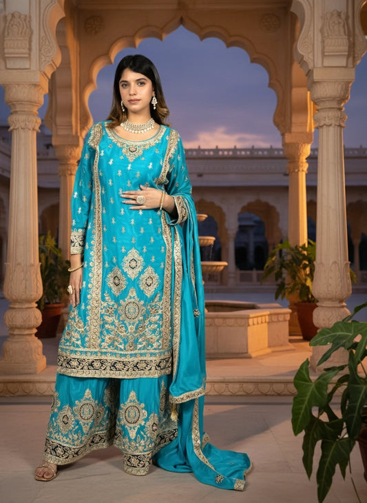 Woman in a blue embroidered traditional outfit standing in an architectural setting.