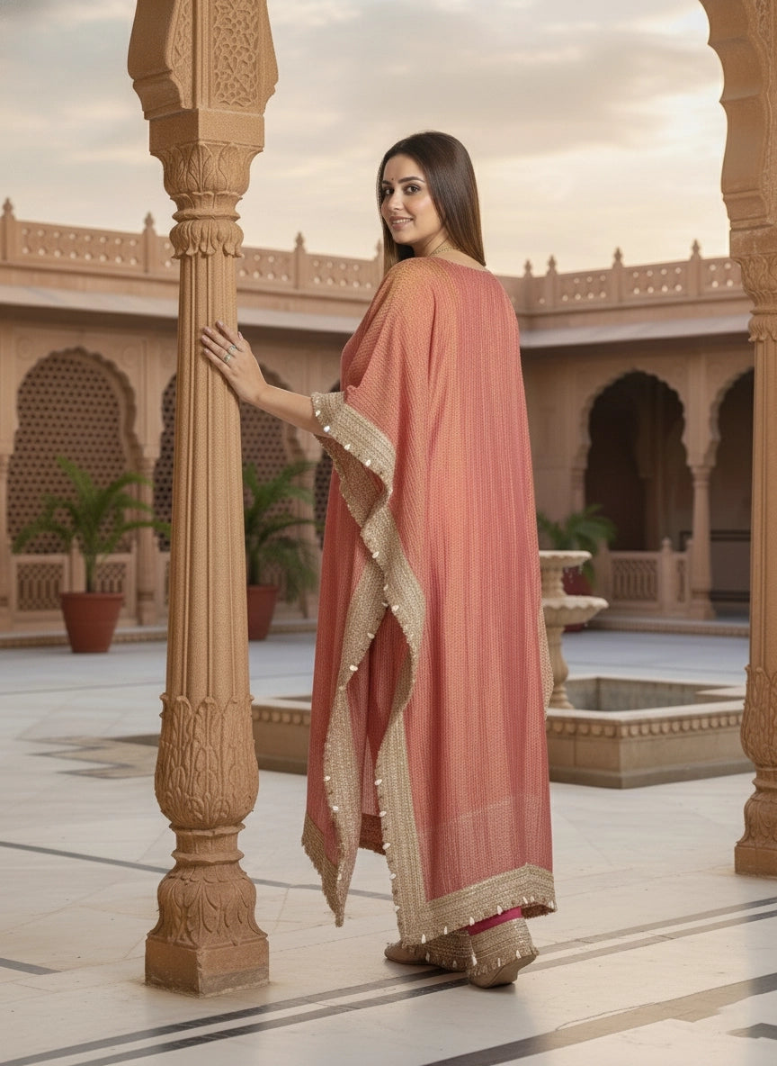 Woman in a pink saree with gold border standing in an architectural setting