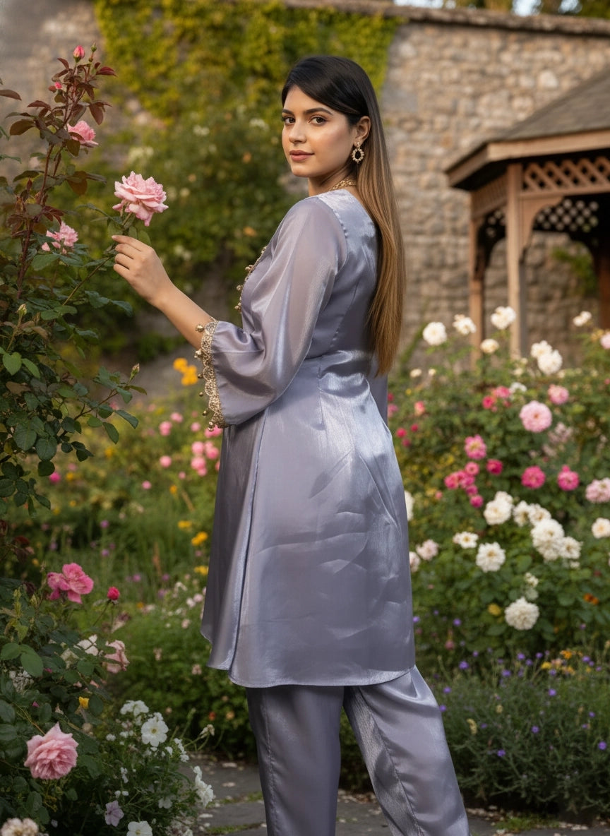 Woman in a light gray outfit standing in a garden with flowers