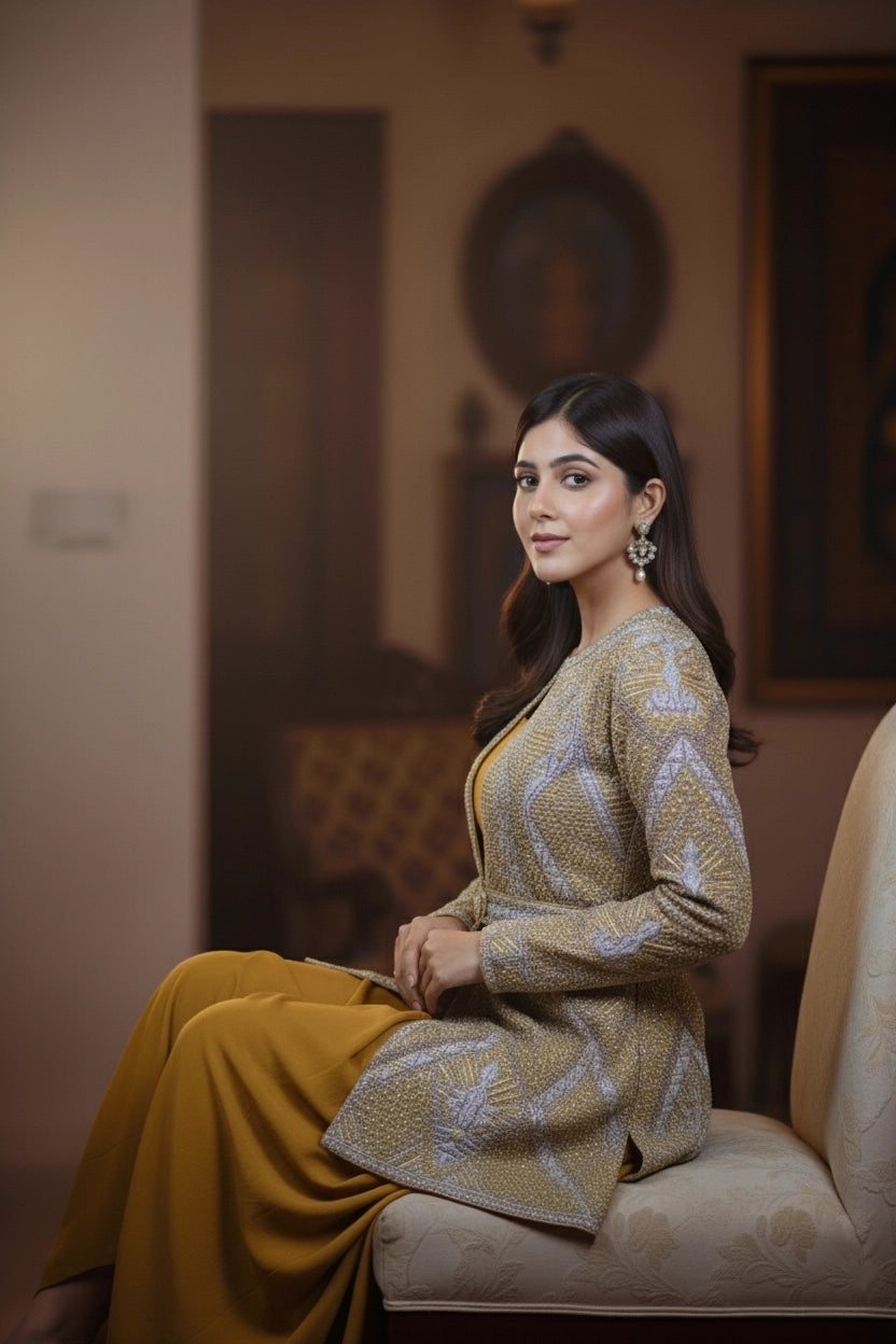 Woman in a patterned outfit sitting on a chair in an indoor setting