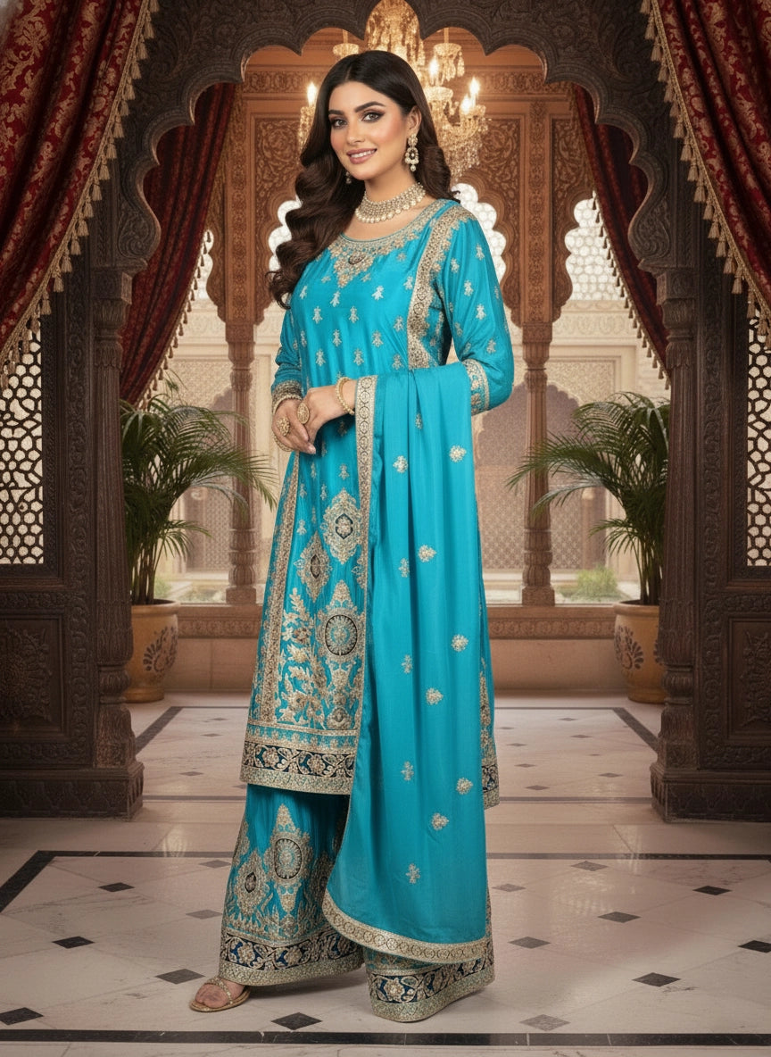 Woman in a turquoise traditional outfit with intricate patterns in an ornate setting.