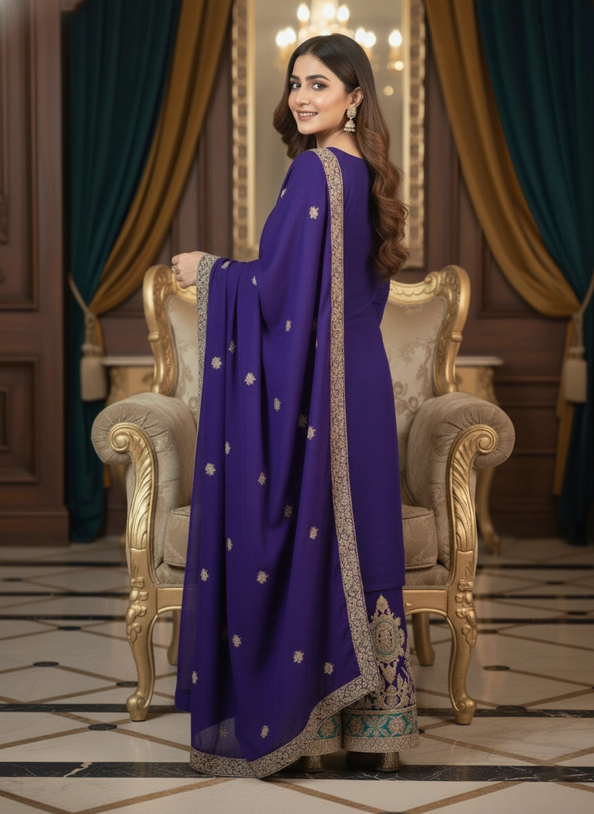 Woman in a purple traditional outfit with gold details in an elegant room.