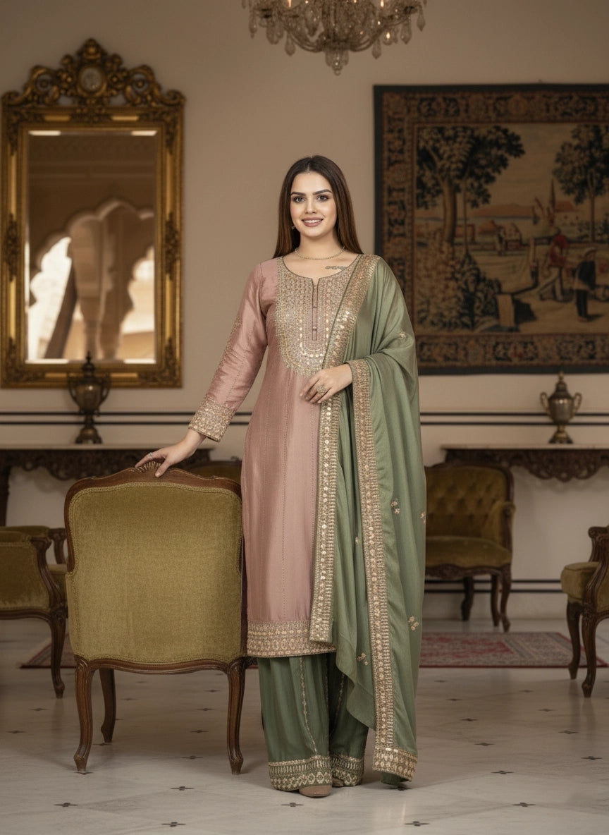 Woman in traditional outfit standing in an elegant room with decorative elements.