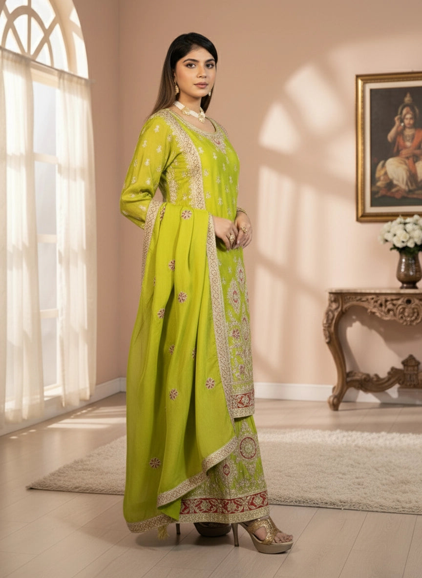 Woman in a green traditional outfit standing in a well-lit room with a painting on the wall.