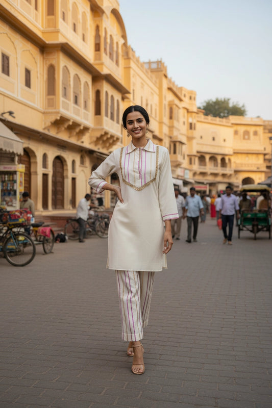 Woman in traditional outfit standing on a street with historical buildings in the background